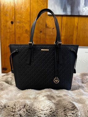 Anne Klein Black Embossed Tote with Gold Charm Accent